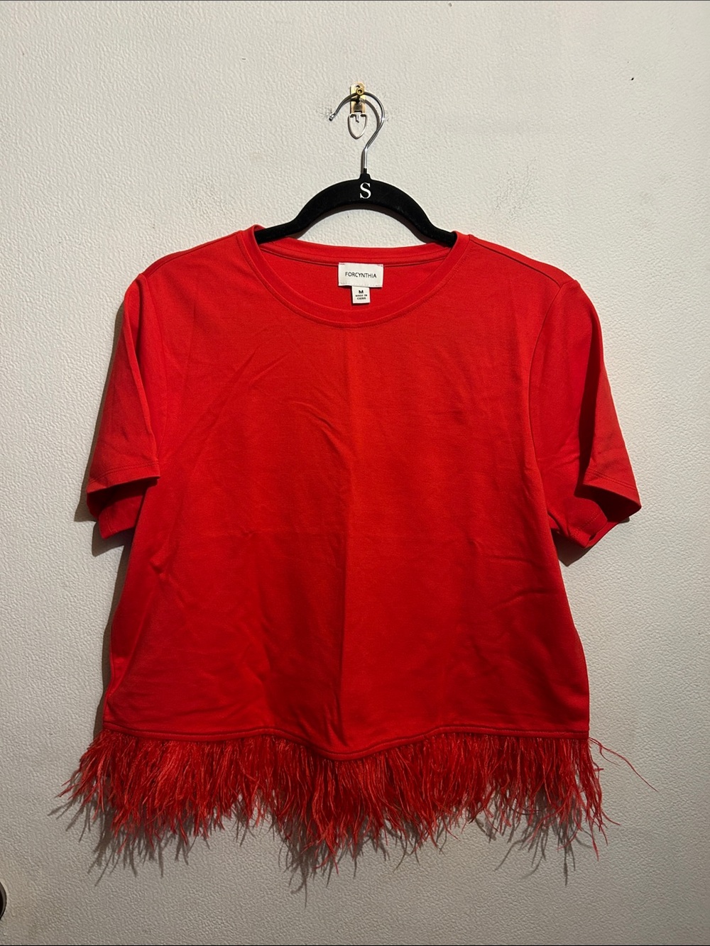 For Cynthia Red Short Sleeve Top with Feather Hem